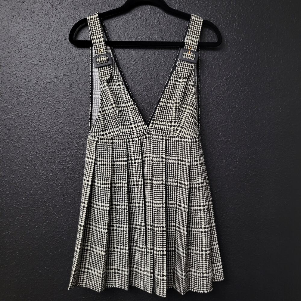 Zara Houndstooth Plaid Pinafore Dress Small Black White Pleated Preppy Academia